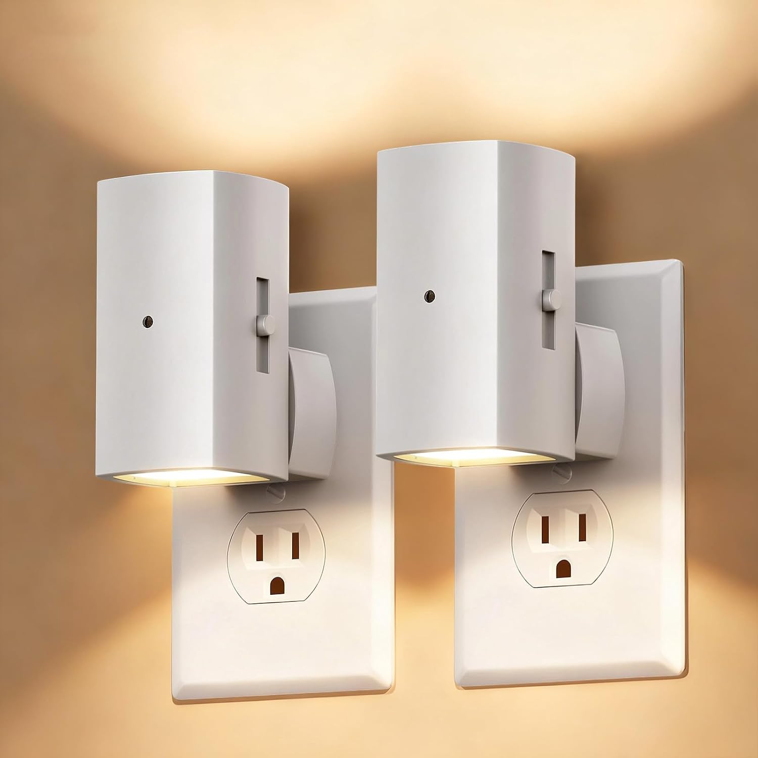 Brightown 2 Pack White Night Lights Plug into Wall, Modern Night Light with Rotating Plug, Dusk to Dawn Sensor, 0-100LM Stepless Dimming Aora Night Light for Hallway Bedroom Bathroom, Soft White